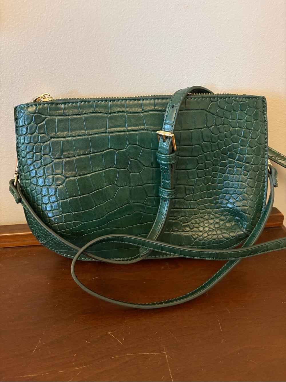 Shiraleah Green Croc-Embossed Leather Bag with Double Zipper Compartments